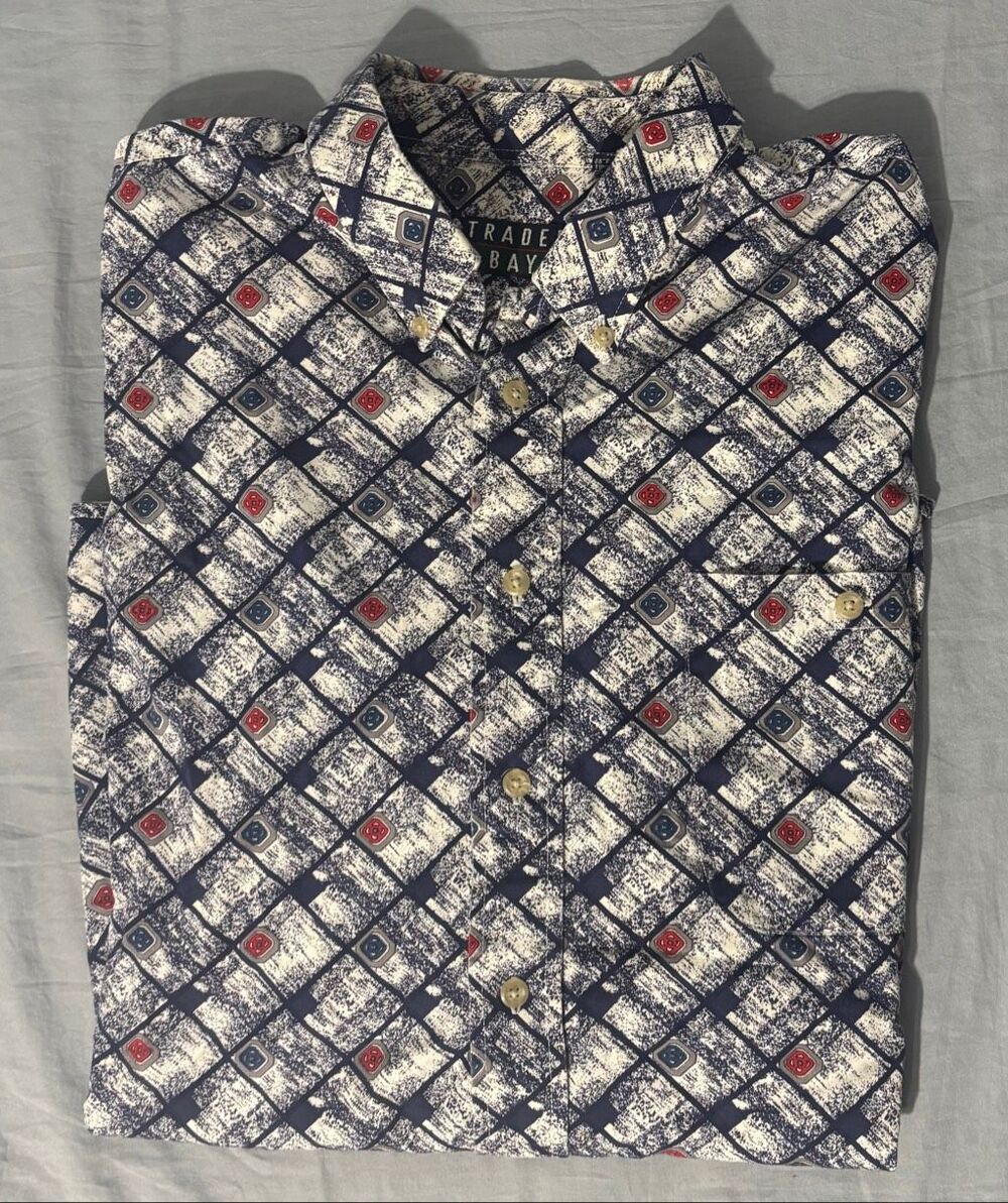 Vintage 90's Trader Bay Button Down Short Sleeve Dad Shirt XLT Red White Blue